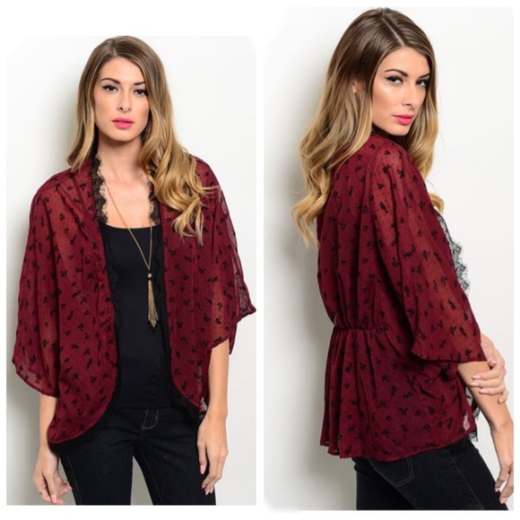New💥! SCARLET burgundy & black sheer kimono - Picture 3 of 6